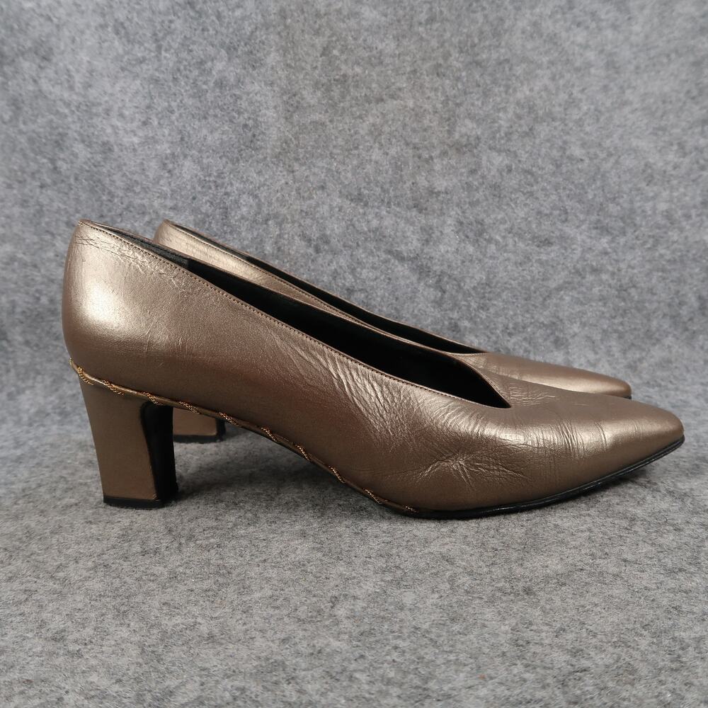 Stuart Weitzman Shoes Womens 8.5 Pump Classic Retro Leather Metallic Chunky Heel